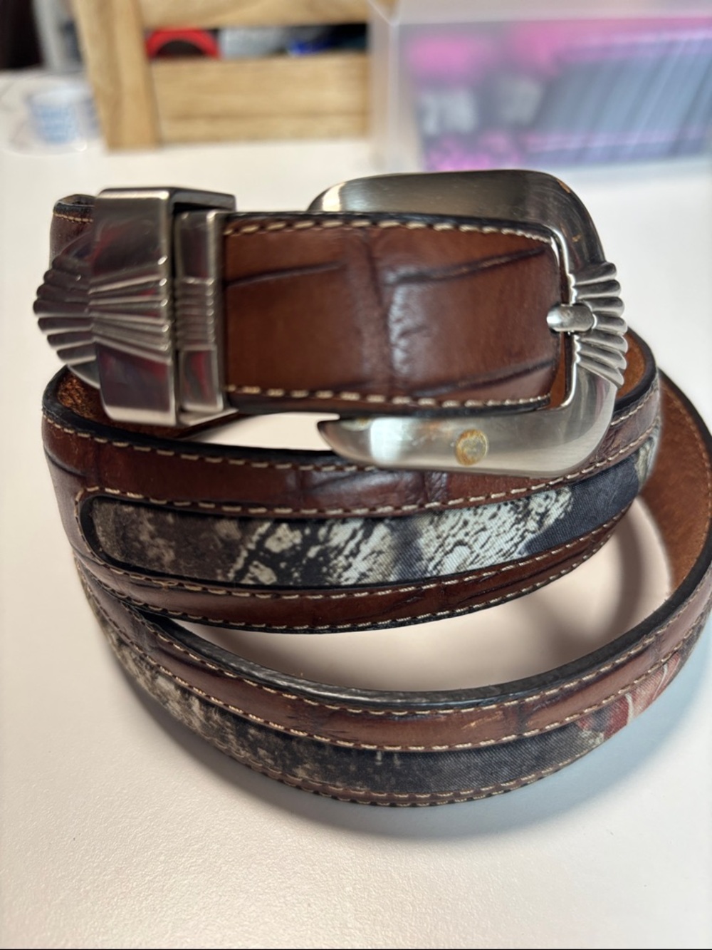 Nocona Brown Leather Belt with Silver Logo Stamping